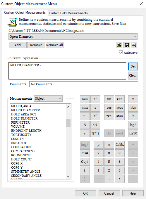 Custom Object Measurements Dialog